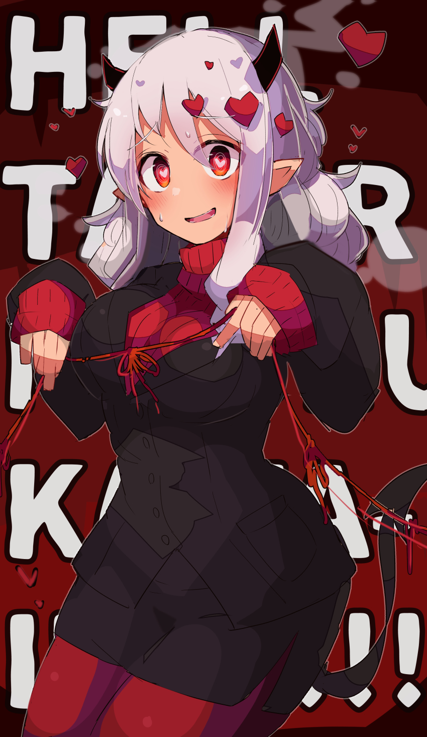 1girl, black_horns, black_jacket, black_miniskirt, black_skirt, black_suit, black_tail, blush