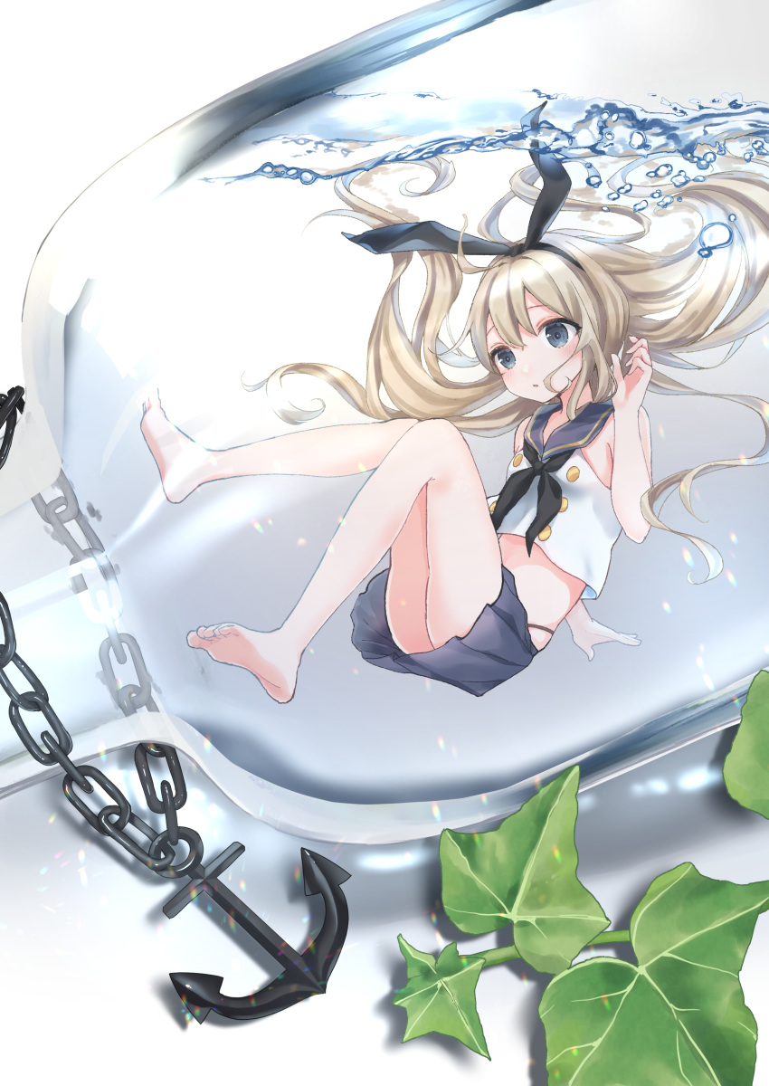 1girl, absurdres, anchor, barefoot, black_neckwear, black_panties, blonde_hair, blue_sailor_collar