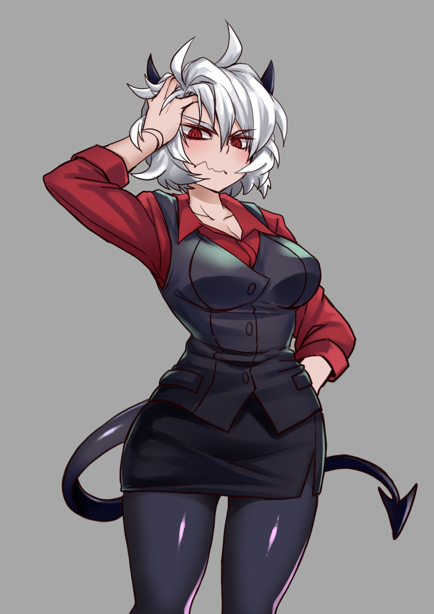1girl, absurdres, black_legwear, blush, breasts, demon_girl, demon_tail, formal, grey_background, hand_on_hip, helltaker, highres, horns, kaorihero, looking_at_viewer, malina_(helltaker), pencil_skirt, red_eyes, short_hair, silver_hair, simple_background, skirt, solo, suit, tail, vest