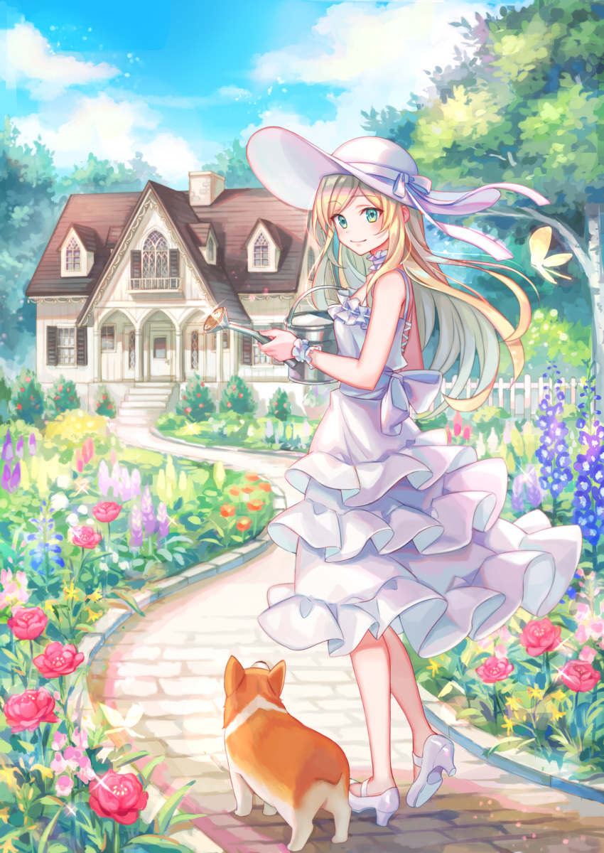 1girl, absurdres, back_bow, bangs, blonde_hair, blue_sky, bow, bug