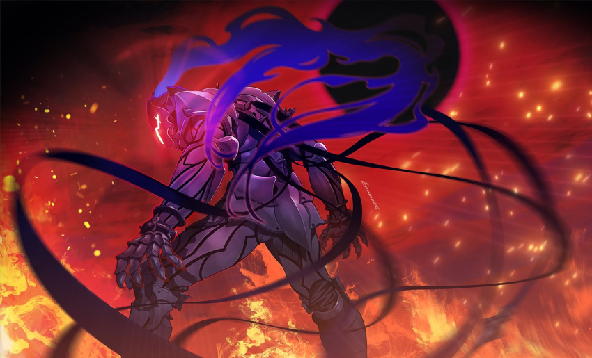 1boy, aora, arm_armor, armor, back, berserker_(fate/zero), black_armor, embers