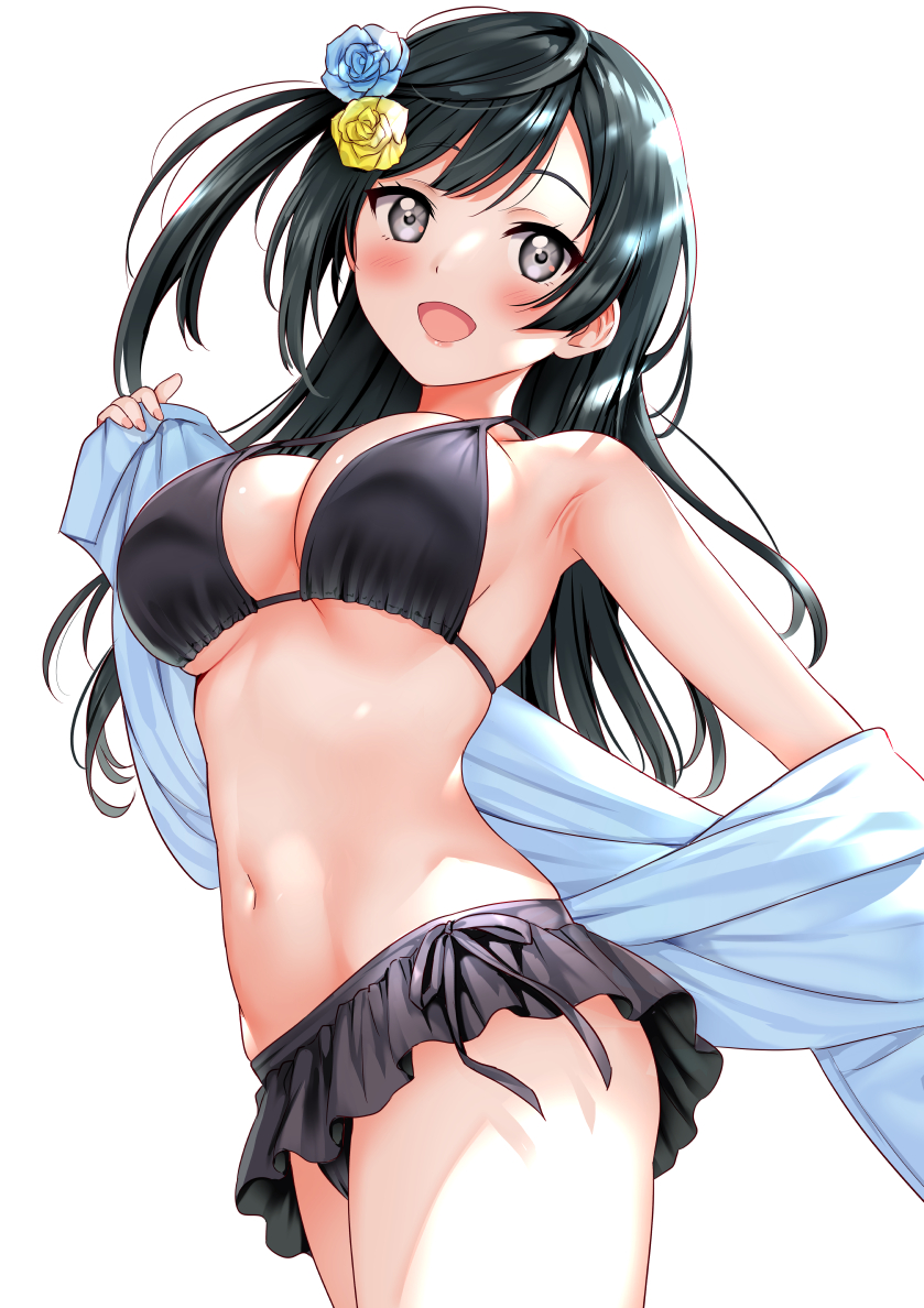 1girl, :d, armpits, bangs, bikini, bikini_skirt, black_bikini, black_hair