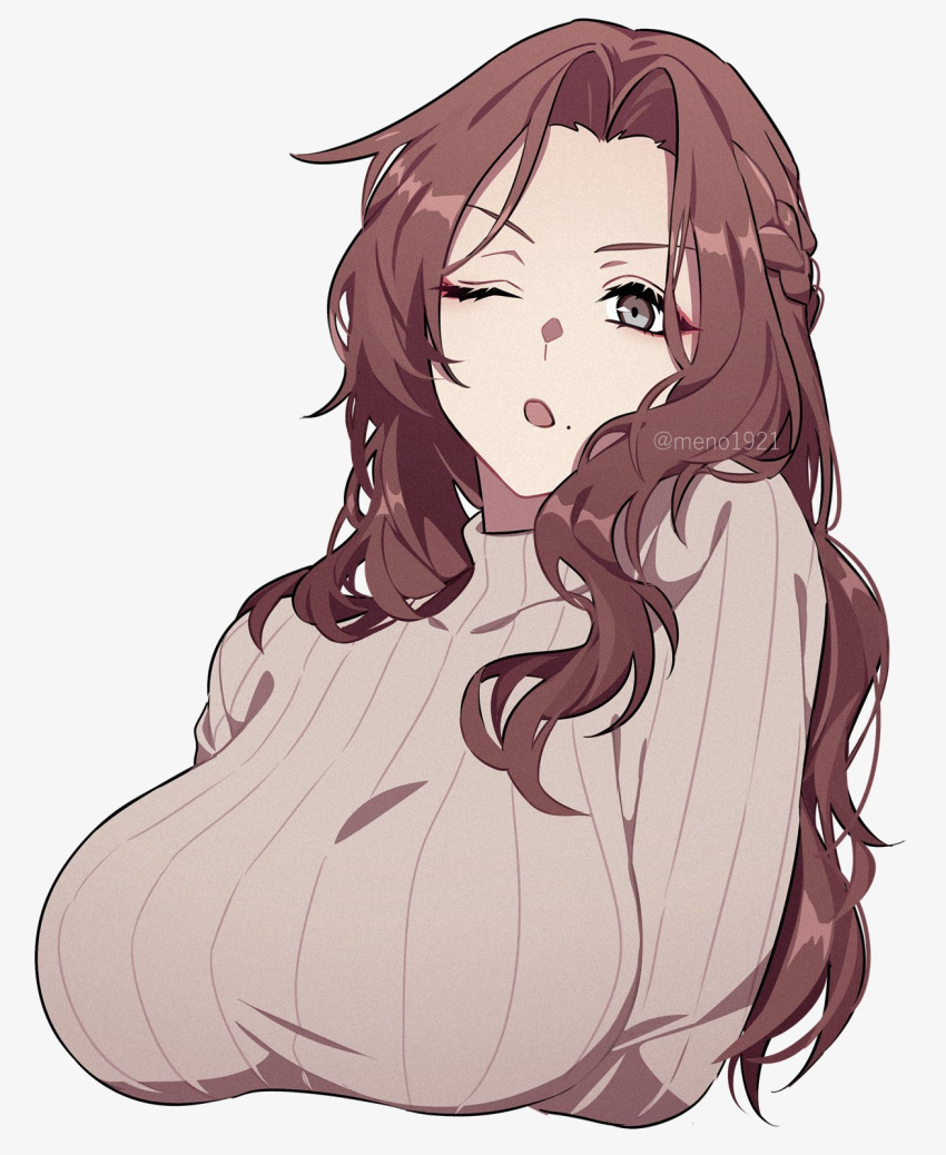 1girl, :o, bangs, braid, breasts, brown_hair, brown_sweater, commentary_request, french_braid, grey_background, grey_eyes, highres, large_breasts, long_hair, menoo_(meno1921), mole, mole_under_mouth, one_eye_closed, open_mouth, original, parted_bangs, ribbed_sweater, sidelocks, solo, sweater, upper_body, wavy_hair
