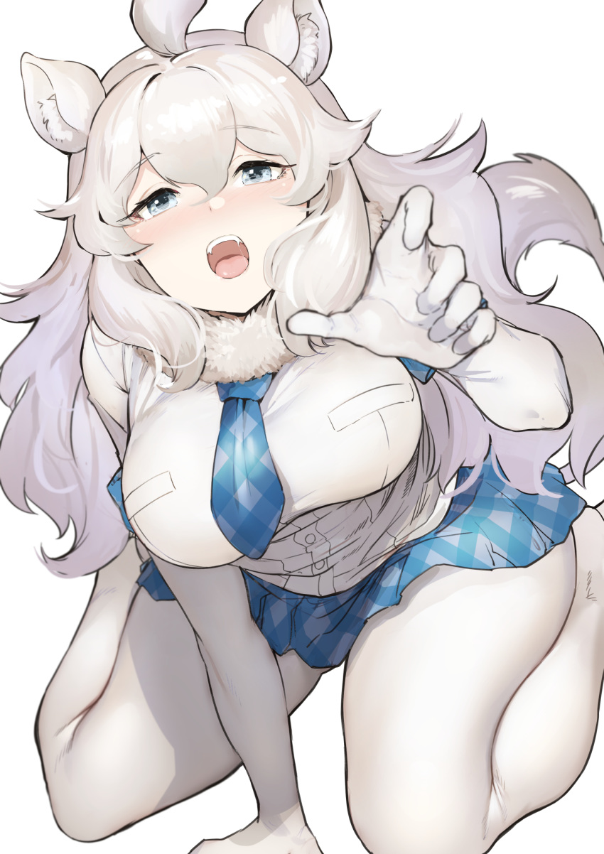 1girl, animal_ears, blue_eyes, blue_neckwear, blue_skirt, blush, commentary_request, elbow_gloves
