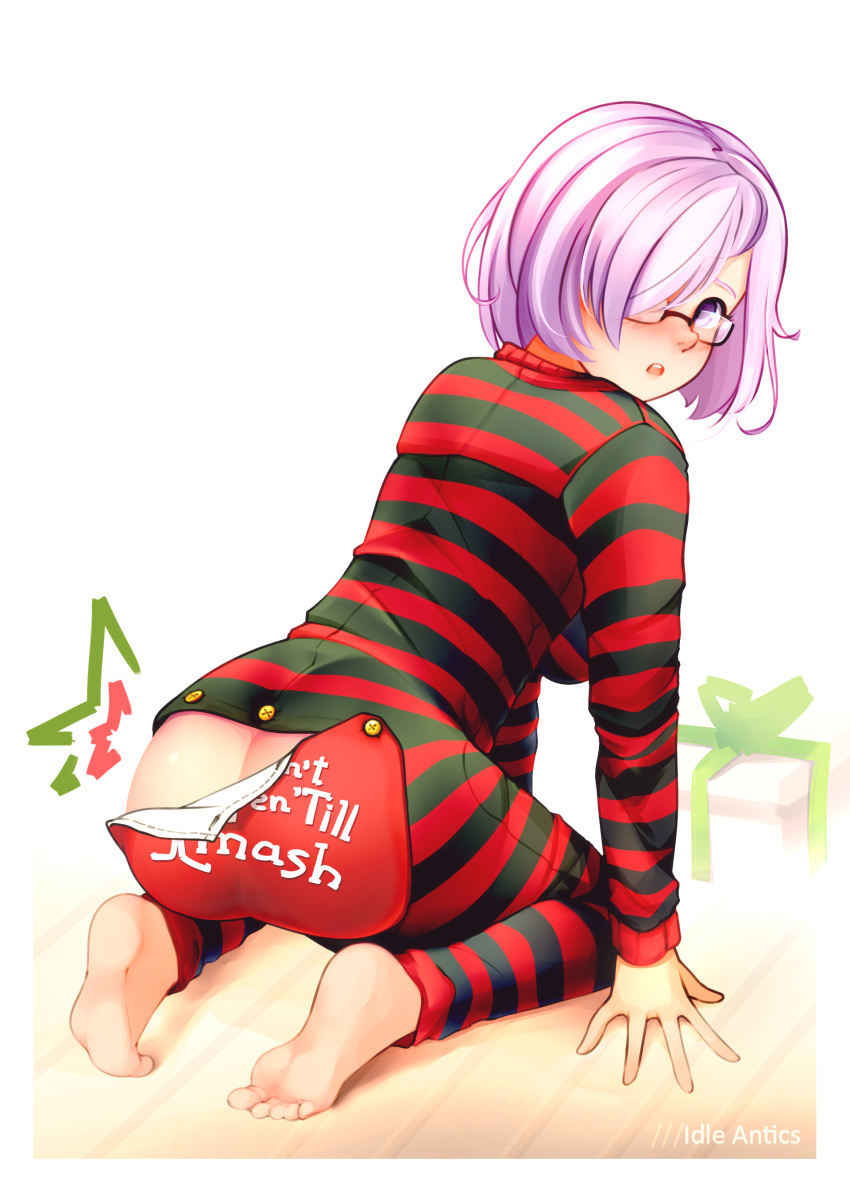 1girl, absurdres, artist_name, ass, black_pajamas, breasts, commentary_request, english_text