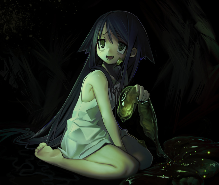 1girl, arm_between_legs, bare_shoulders, barefoot, black_hair, fang, fingernails, green_eyes, holding, long_hair, lower_teeth, open_mouth, ribbon, saya, saya_no_uta, sitting, slime, solo, teeth, tongue, v1v404, very_long_hair