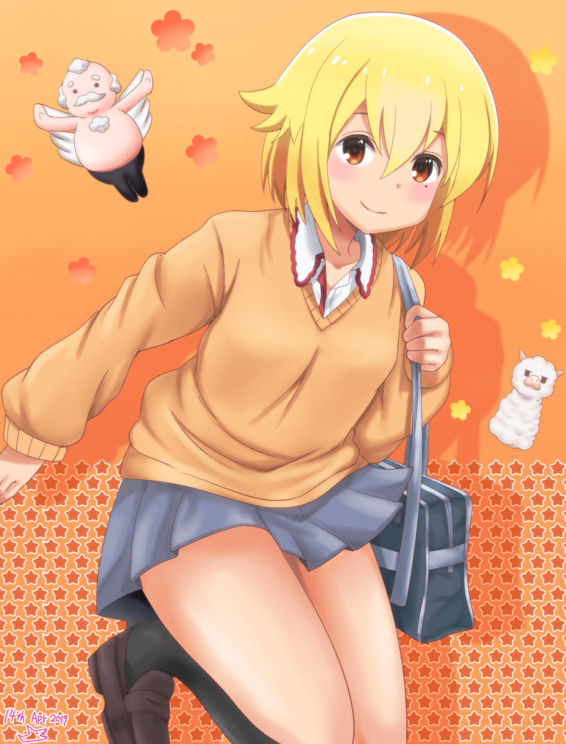 1boy, 1girl, bag, blonde_hair, blush, brown_footwear, collared_shirt, commentary