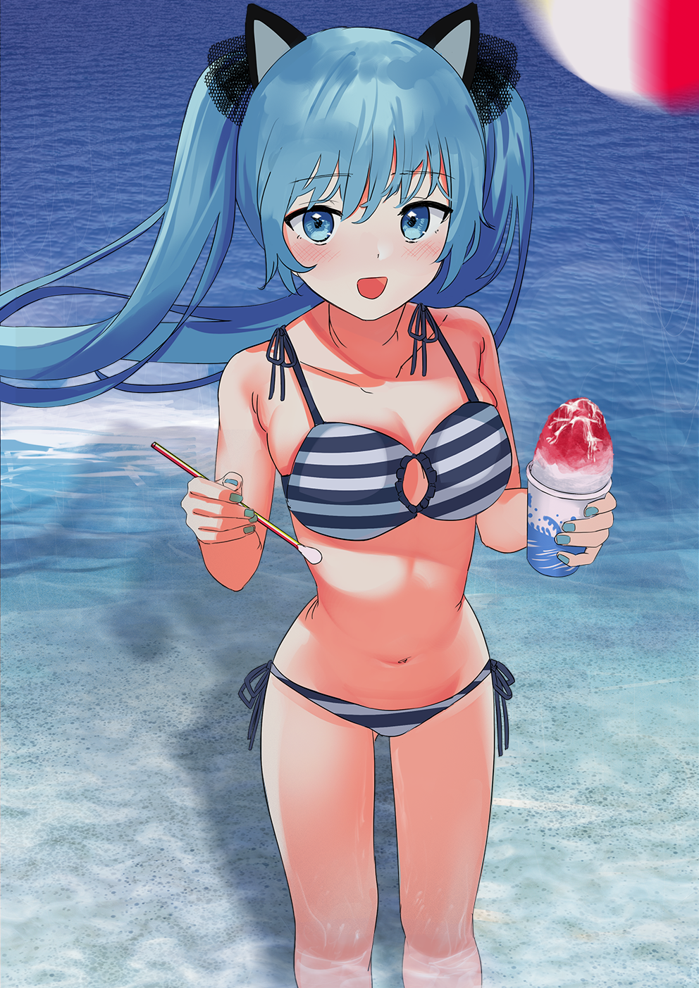 1girl, bikini, blue_eyes, blue_hair, eyebrows_visible_through_hair, geisha-geisha-, hatsune_miku, highres