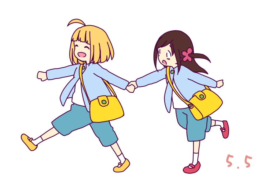 2girls, ahoge, bag, birthday, blue_jacket, blush, brown_hair, closed_eyes
