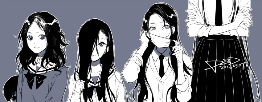 1boy, 3girls, black_hair, collared_shirt, creepypasta, hair_over_one_eye, hair_over_shoulder, hasshaku-sama