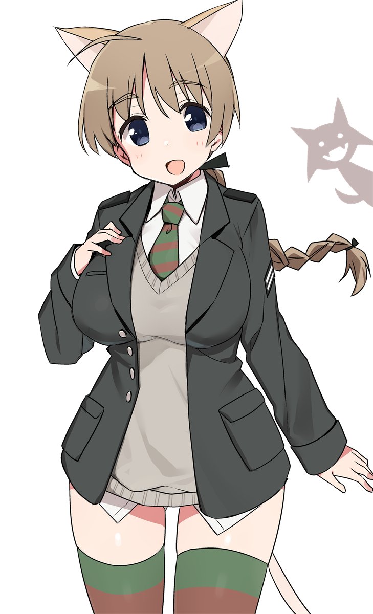 1girl, animal_ears, bangs, black_jacket, black_ribbon, blazer, blue_eyes, braid, breasts, brown_hair, brown_legwear, brown_neckwear, cat_ears, cat_tail, commentary, cowboy_shot, dress_shirt, eyebrows_visible_through_hair, green_legwear, green_neckwear, grey_sweater, hair_ribbon, hand_on_own_chest, highres, insignia, jacket, large_breasts, long_hair, looking_at_viewer, lynette_bishop, miyafuji_yoshika, multicolored, multicolored_clothes, multicolored_legwear, multicolored_neckwear, multicolored_stripes, no_pants, open_blazer, open_clothes, open_jacket, open_mouth, ribbon, shirt, shisoneri, silhouette_demon, simple_background, single_braid, smile, standing, strike_witches, striped, striped_legwear, striped_neckwear, sweater, sweater_vest, tail, thigh-highs, v-neck, white_background, white_shirt, wing_collar, world_witches_series