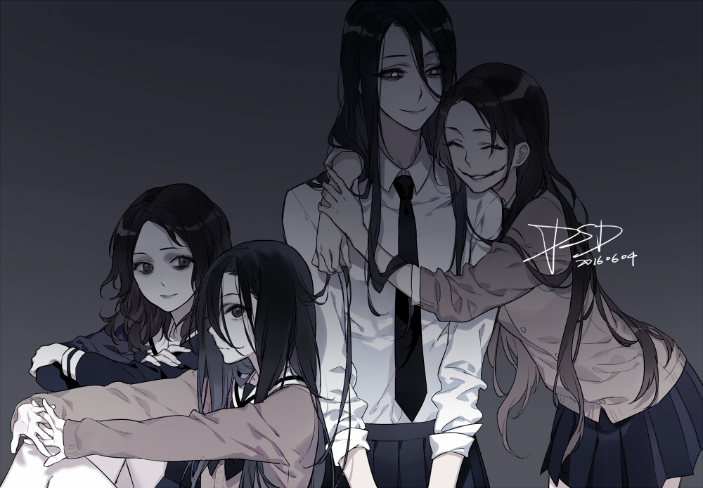 4girls, black_eyes, black_hair, cardigan_vest, closed_eyes, creepypasta, hasshaku-sama, hug