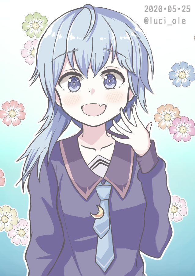 1girl, asymmetrical_hair, black_sailor_collar, blouse, blue_background, blue_blouse, blue_eyes, blue_hair