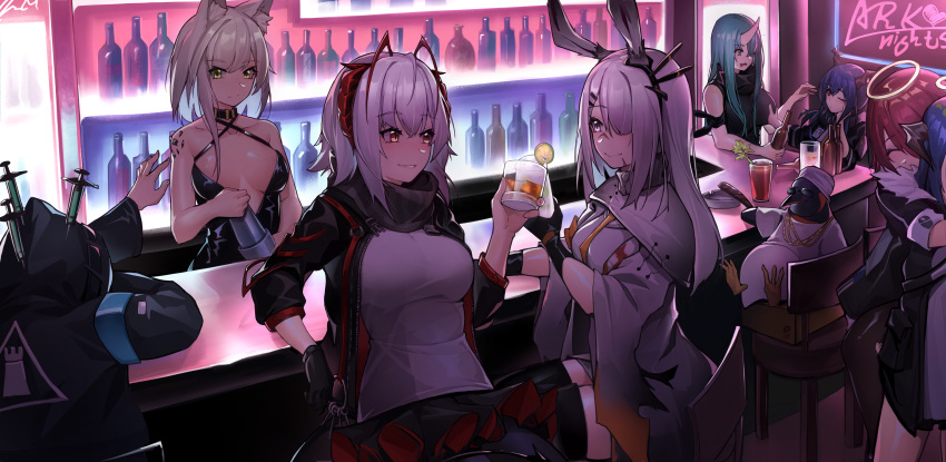 2boys, 6+girls, absurdres, alcohol, alternate_costume, animal_ears, arknights, bar