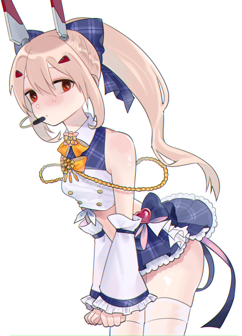 1girl, ayanami_(azur_lane), ayanami_(troubled_star_idol)_(azur_lane), azur_lane, bangs, bare_shoulders, blonde_hair, blue_bow, blue_skirt, bow, breasts, buttons, chromatic_aberration, closed_mouth, crop_top, detached_sleeves, hair_between_eyes, hair_bow, hair_ornament, headgear, heart, highres, legs_together, long_hair, microphone, microskirt, p_p_p99, plaid, plaid_bow, plaid_skirt, ponytail, red_eyes, simple_background, skirt, sleeveless, sleeves_past_wrists, small_breasts, solo, thigh-highs, white_background, white_legwear, zettai_ryouiki