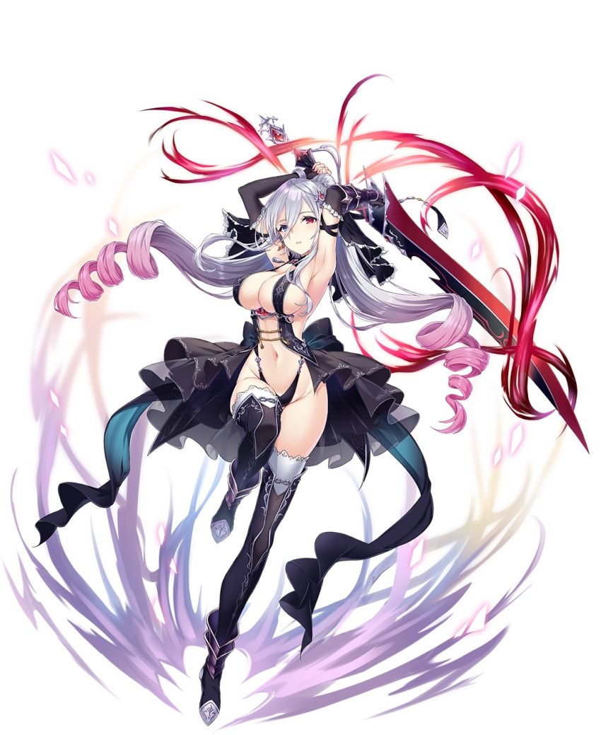 armpits, aura, awakening_(sennen_sensou_aigis), bare_shoulders, blue_eyes, breasts, dark_aura, dark_power