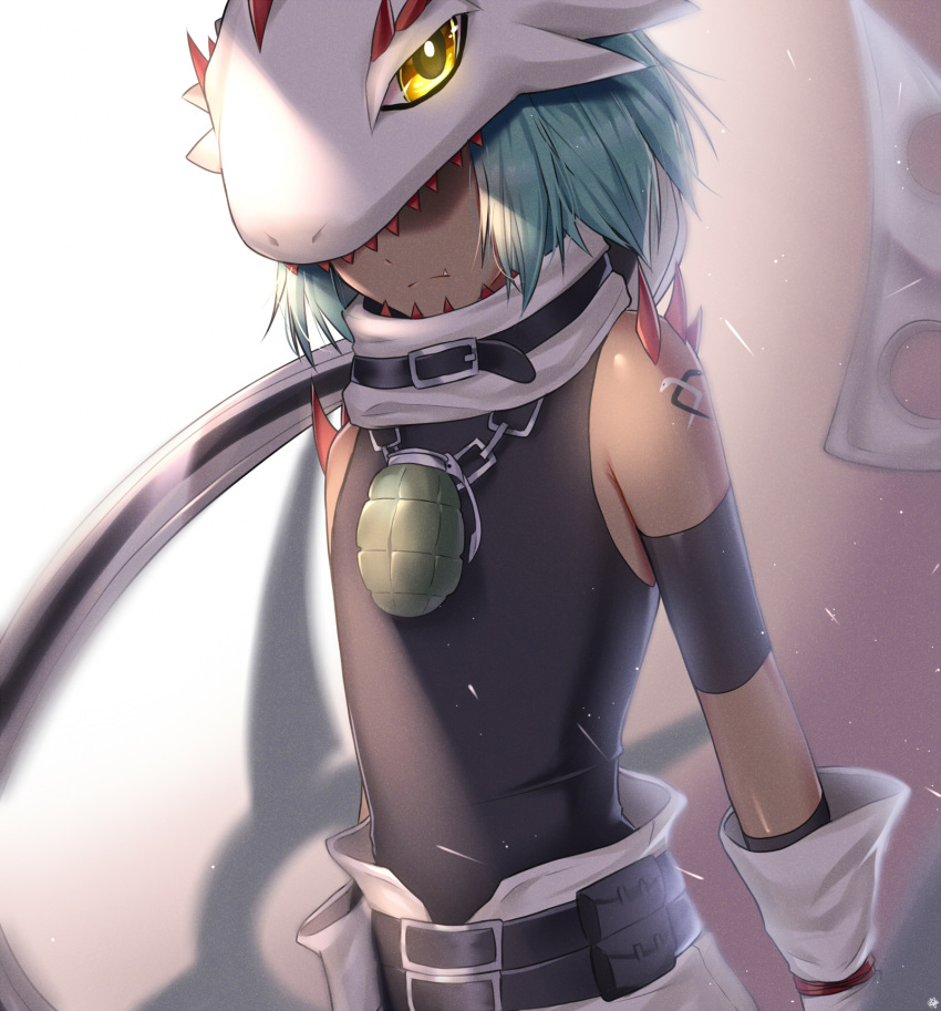 1boy, arm_warmers, armband, armpit_crease, bare_shoulders, belt, belt_collar, belt_pouch