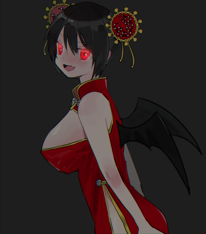 1girl, :d, bangs, bare_arms, bare_shoulders, bat_wings, black_hair, black_wings
