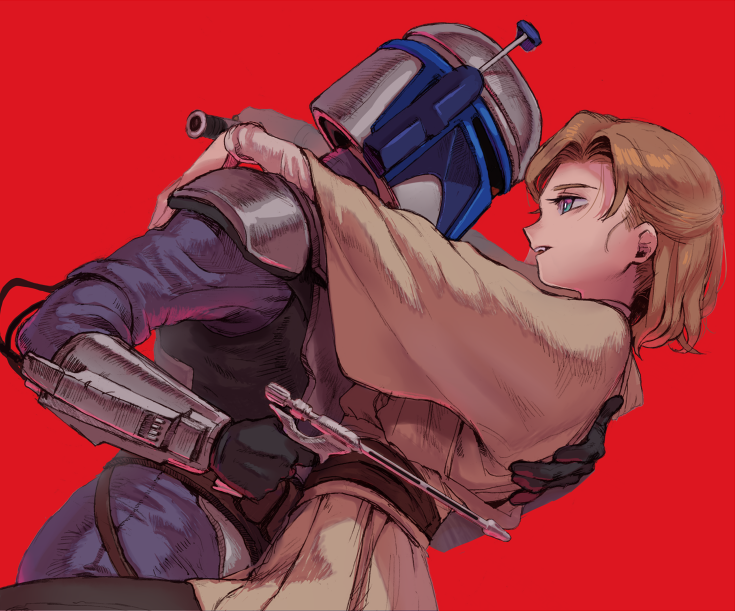 1boy, 1girl, armor, bangs, belt, black_gloves, black_legwear, blue_bodysuit, blue_eyes, bodysuit, brown_belt, brown_hair, energy_gun, energy_sword, from_side, genderswap, genderswap_(mtf), gloves, gun, helmet, holding, holding_gun, holding_sword, holding_weapon, hug, jango_fett, jedi, katsuoboshi, lightsaber, long_sleeves, looking_at_another, mandalorian, obi-wan_kenobi, open_mouth, red_background, robe, science_fiction, short_hair, shoulder_armor, simple_background, skirt, standing, star_wars, sword, teeth, trigger_discipline, upper_body, weapon