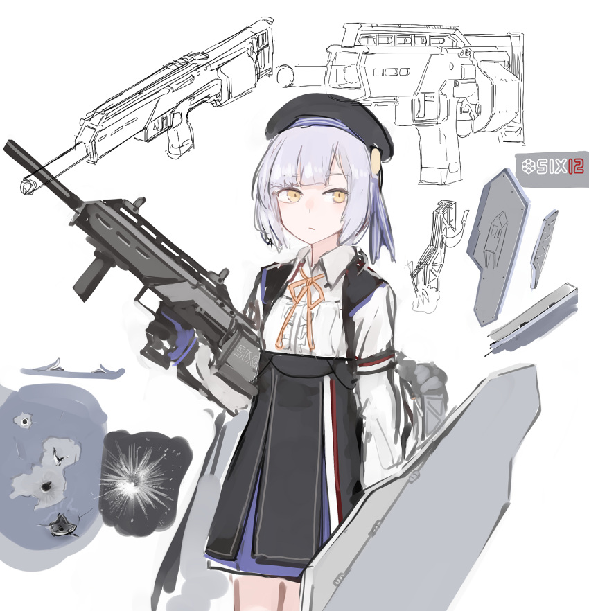 cape, flat_chest, gun, hat, highres, holding, long_sleeves, rampart1028, shield, short_hair, six12_(girls_frontline), weapon, white_hair