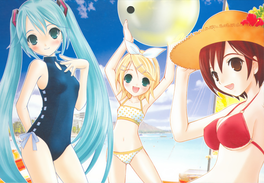 2008, beach, beach_ball, bikini, calender, hapido, hat, hatsune_miku