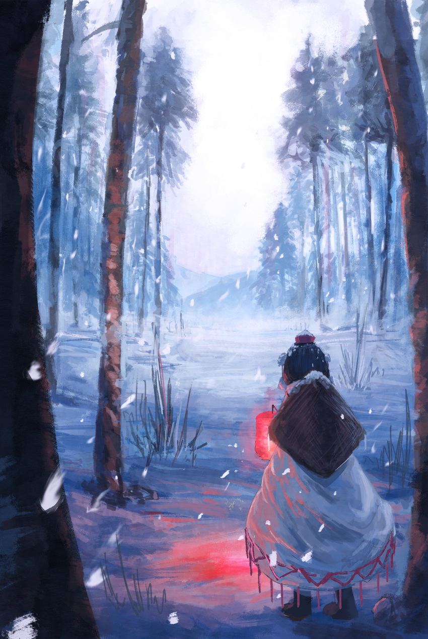 1girl, black_hair, brown_footwear, commentary_request, dress, fjsmu, forest, from_behind