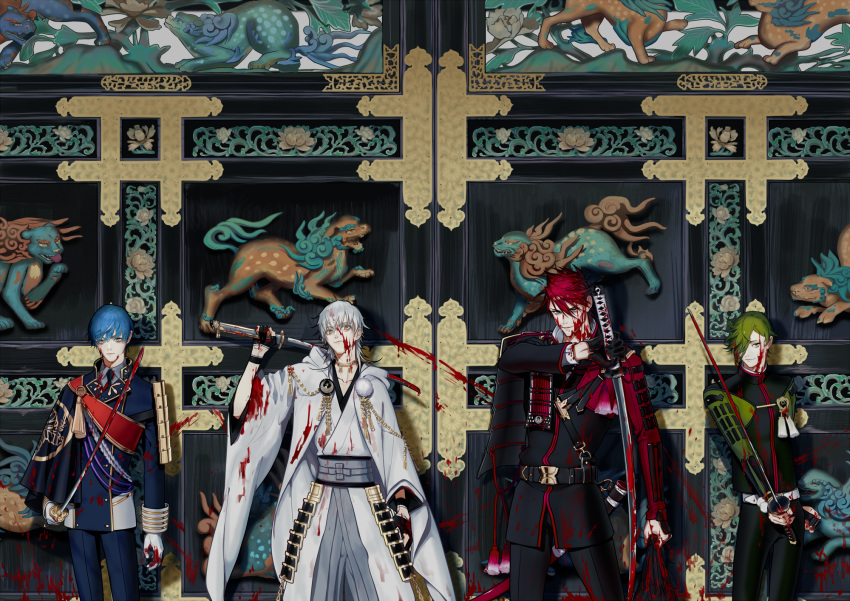 4boys, aqua_hair, armor, blood, blood_on_face, blood_splatter, bloody_clothes, cape, collared_shirt, door, gloves, green_eyes, green_hair, grey_eyes, hair_over_one_eye, highres, hood, ichigo_hitofuri, japanese_armor, japanese_clothes, katana, kikaizunou, komainu, kote, male_focus, military, military_uniform, multiple_boys, necktie, ookanehira_(touken_ranbu), partly_fingerless_gloves, pom_pom_(clothes), redhead, shirt, shoulder_armor, single_glove, smile, sode, sword, touken_ranbu, tsurumaru_kuninaga, uguisumaru, uniform, weapon, white_gloves, white_hair, yellow_eyes