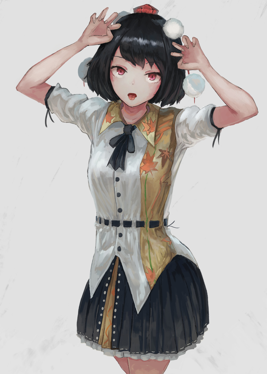 1girl, arms_up, autumn_leaf_print, black_hair, black_neckwear, black_ribbon, black_skirt, buttons, claw_pose, collared_shirt, commentary_request, cowboy_shot, fingernails, fjsmu, hair_pom_pom, hat, highres, leaf_print, looking_at_viewer, neckerchief, pink_eyes, pleated_skirt, pom_pom_(clothes), print_collar, print_shirt, red_headwear, ribbon, ribbon-trimmed_shirt, ribbon-trimmed_skirt, ribbon_trim, shameimaru_aya, shiny, shiny_hair, shirt, short_hair, short_sleeves, skirt, solo, standing, tongue, tongue_out, touhou, white_ribbon, white_shirt, yellow_collar