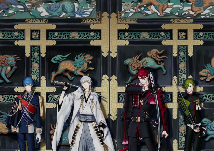 4boys, aqua_hair, armor, cape, collared_shirt, door, gloves, green_eyes, green_hair, grey_eyes, hair_over_one_eye, highres, hood, ichigo_hitofuri, japanese_armor, japanese_clothes, katana, kikaizunou, komainu, kote, male_focus, military, military_uniform, multiple_boys, necktie, ookanehira_(touken_ranbu), partly_fingerless_gloves, pom_pom_(clothes), redhead, shirt, shoulder_armor, single_glove, smile, sode, sword, touken_ranbu, tsurumaru_kuninaga, uguisumaru, uniform, weapon, white_gloves, white_hair, yellow_eyes