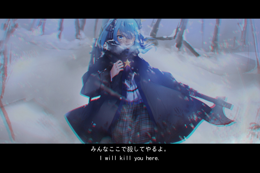 absurdres, axe, beret, bloody_axe, blue_eyes, blue_hair, chromatic_aberration, coat