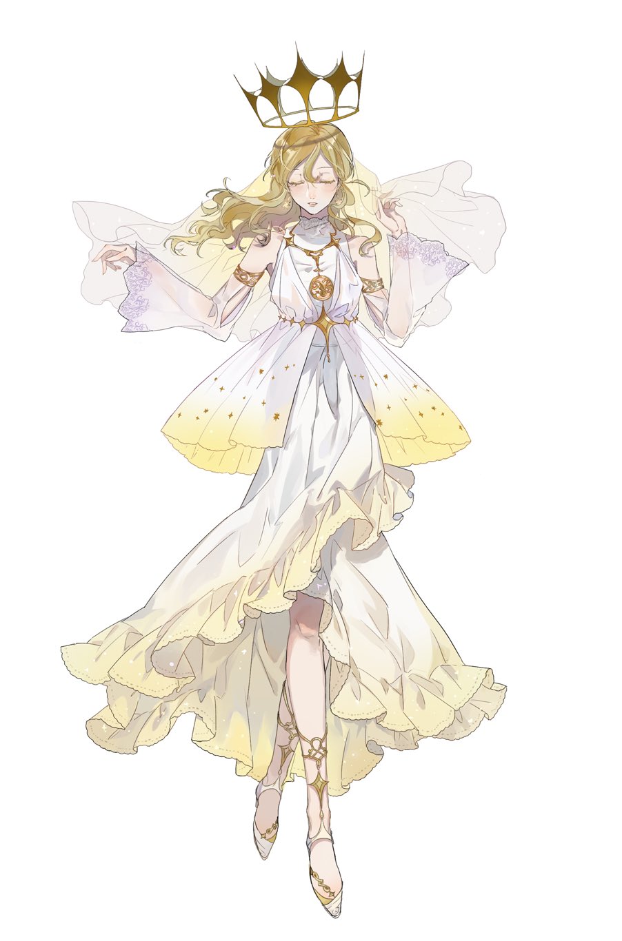 1girl, arm_up, bangs, bare_shoulders, blonde_hair, closed_eyes, collar, collarbone, collared_dress, commentary_request, detached_sleeves, dress, facing_viewer, full_body, hair_between_eyes, hair_ornament, highres, jewelry, lips, long_hair, long_sleeves, looking_at_viewer, necklace, original, sanmen, shoes, simple_background, solo, sparkle, standing, white_background, white_dress, yellow_eyes