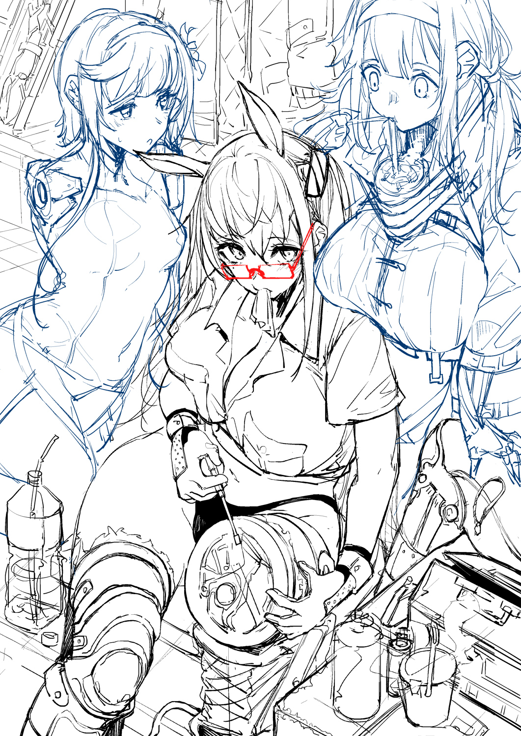 3girls, animal_ears, bottle, breasts, defender_(girls_frontline), drinking, drinking_straw, flower
