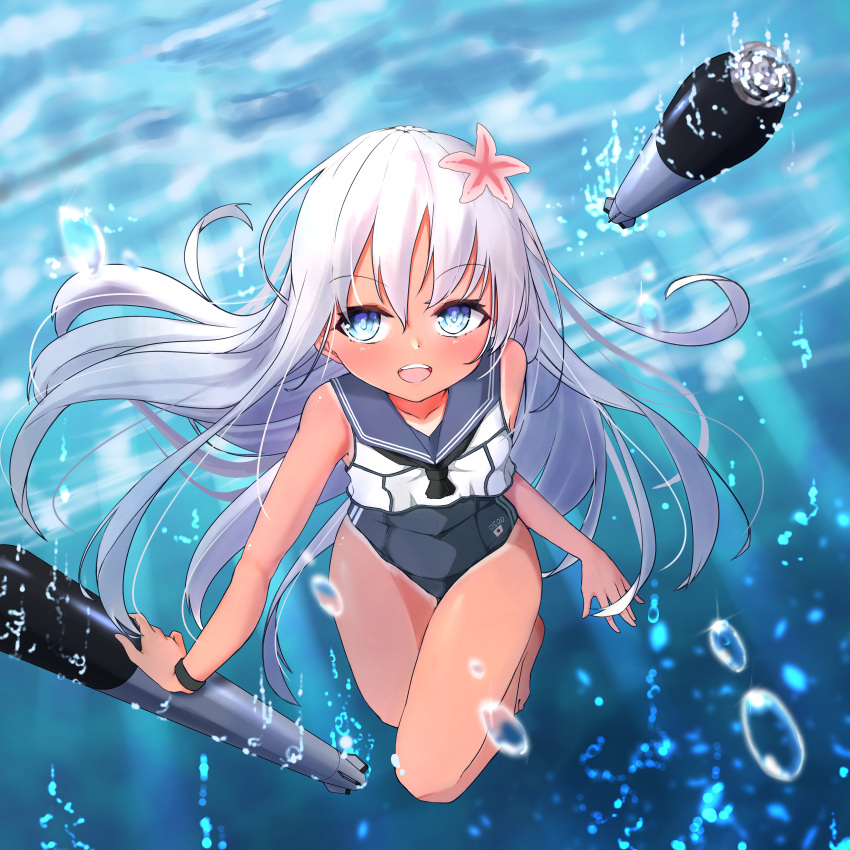 1girl, absurdres, black_neckwear, black_swimsuit, blonde_hair, blue_eyes, blue_sailor_collar, commentary_request