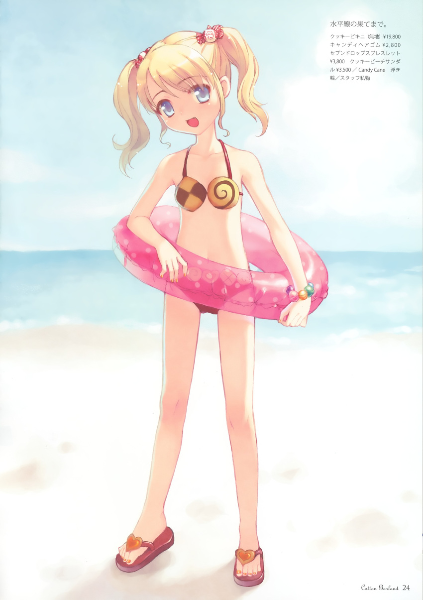 asaki_yuzuno, beach, bikini, blonde_hair, blue_eyes, blush, child, cotton_child, fang, food_themed_clothes, happy, highres, innertube, legs, loli, nail_polish, ocean, pireze, polka_dot, sandals, short_hair, swimsuit, twintails