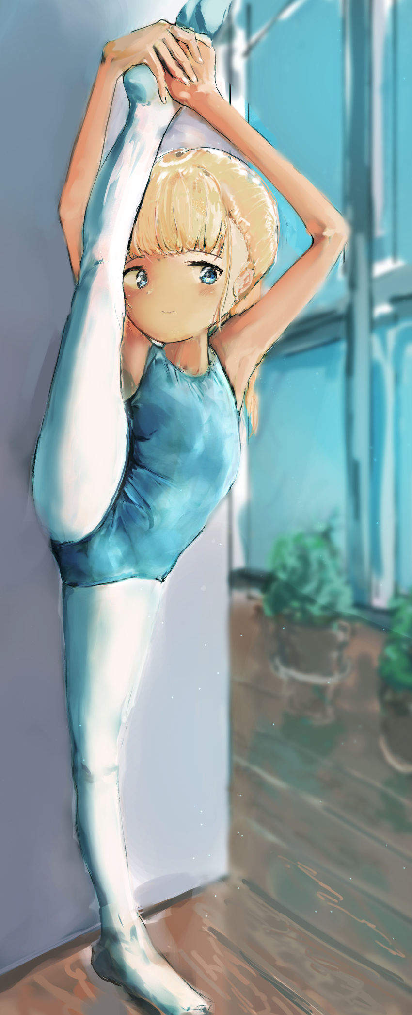 1girl, absurdres, armpits, arms_up, ballerina, ballet, ballet_leotard, blonde_hair