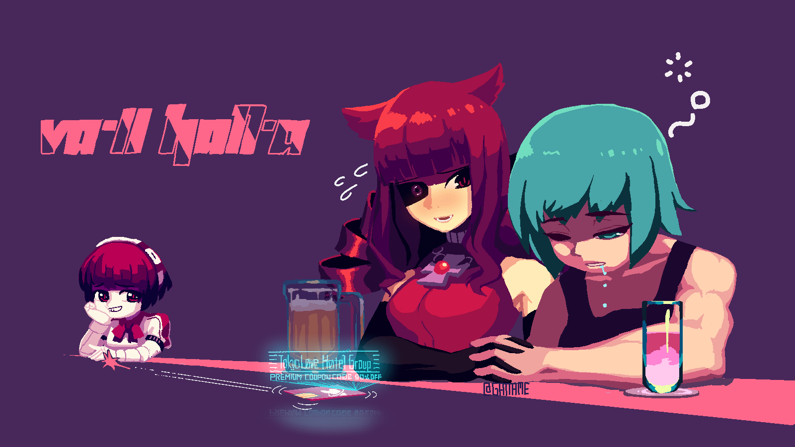 3girls, alcohol, animal_ears, bar, beer, blue_hair, cat_ears, commentary_request, dorothy_haze, drill_hair, drink, drunk, english_text, gattame, hairband, highres, holding_hands, hologram, multiple_girls, muscle, muscular_female, redhead, sei_asagiri, simple_background, sliding, stella_hoshii, tank_top, twitter_username, va-11_hall-a, yuri