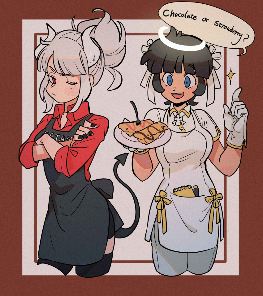2girls, absurdres, angel, apron, azazel_(helltaker), bangs, black_apron, black_hair, black_nails, black_tail, blue_eyes, blush, breasts, collared_shirt, cross, crossed_arms, dark_skin, demon_girl, demon_horns, english_text, fingernails, food, fork, gloves, hair_ribbon, halo, helltaker, highres, horns, huge_breasts, koyasuyasuko12, large_breasts, looking_at_another, looking_down, looking_to_the_side, lucifer_(helltaker), medium_breasts, medium_hair, mole, mole_under_eye, multiple_girls, notebook, one_eye_closed, pants, pen, plate, red_eyes, red_shirt, ribbon, shirt, short_hair, short_sleeves, sleeves_rolled_up, small_breasts, smile, sparkle, speech_bubble, tail, white_gloves, white_hair, white_horns, white_pants, white_ribbon, white_shirt