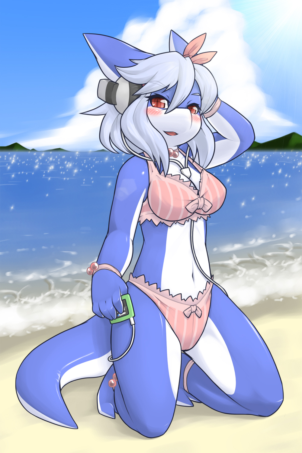 1girl, arm_up, beach, bikini, blue_hair, blue_skin, blush, bracelet