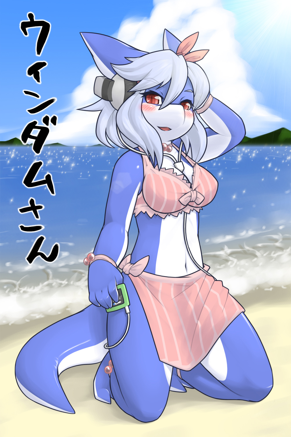 1girl, arm_up, beach, bikini, blue_hair, blue_skin, blush, bracelet