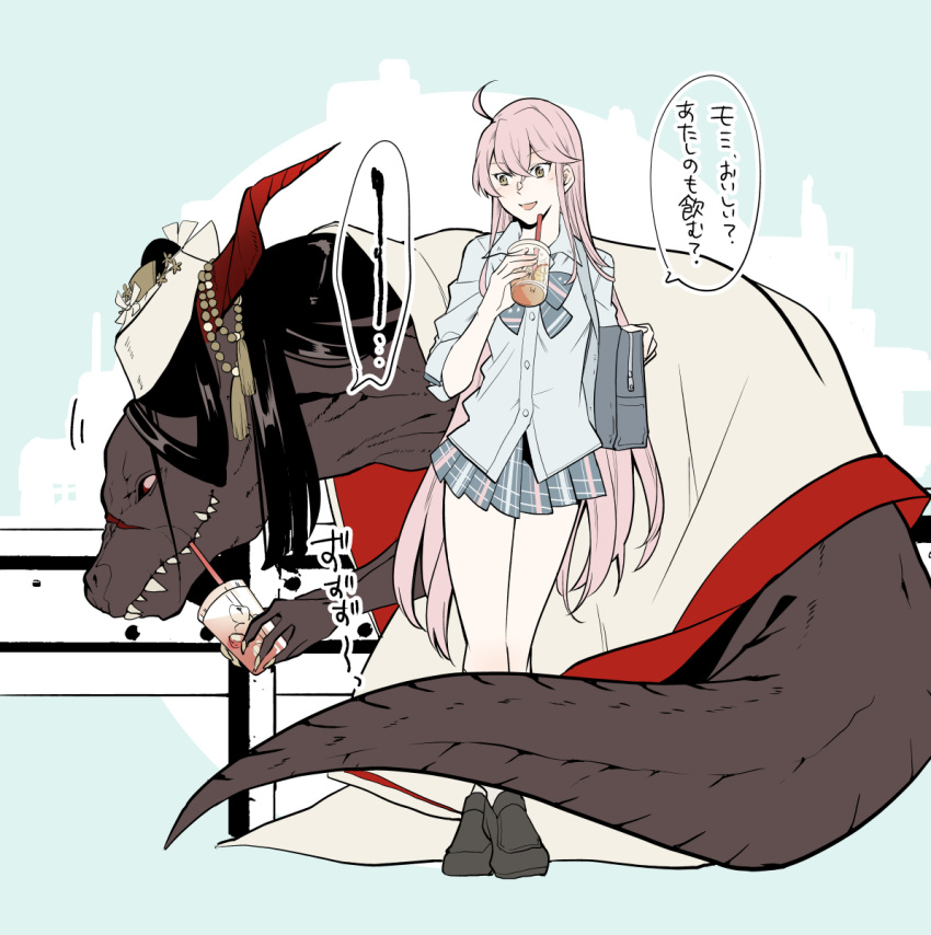 ahoge, bag, black_hair, cup, disposable_cup, drinking, drinking_straw, fangs