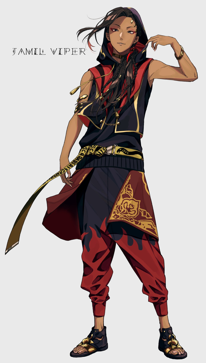1boy, absurdres, armlet, bare_shoulders, belt, black_hair, black_pants, bracelet