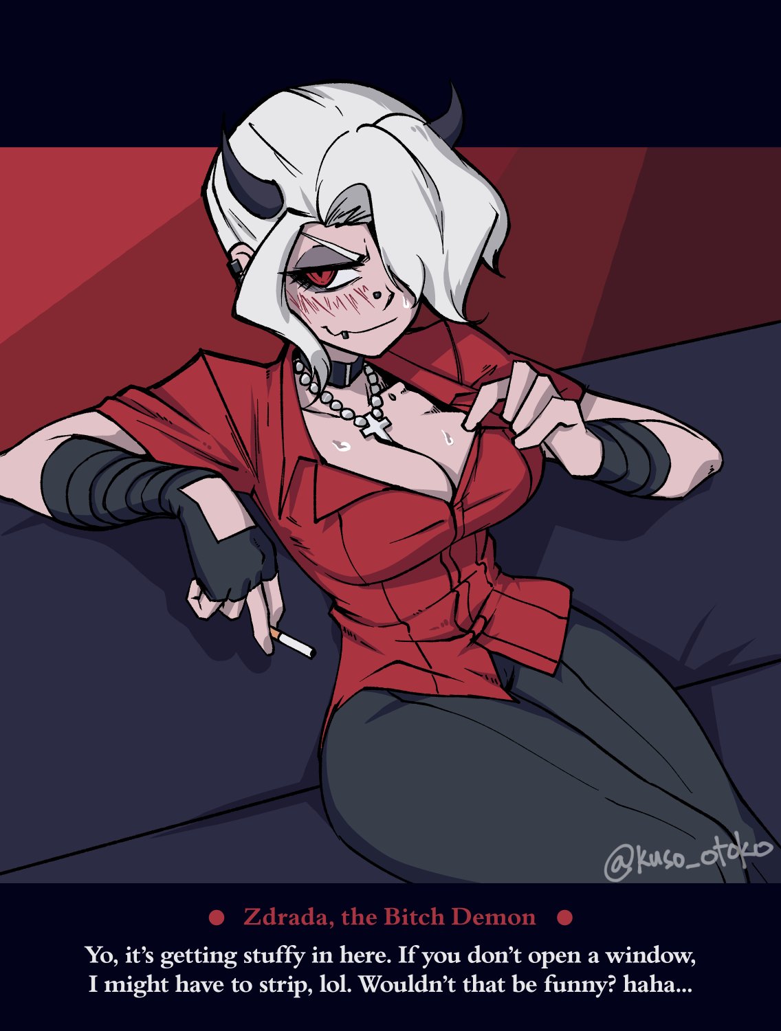 cigarette, ear_piercing, fingerless_gloves, gloves, hair_over_one_eye, helltaker, highres, horns