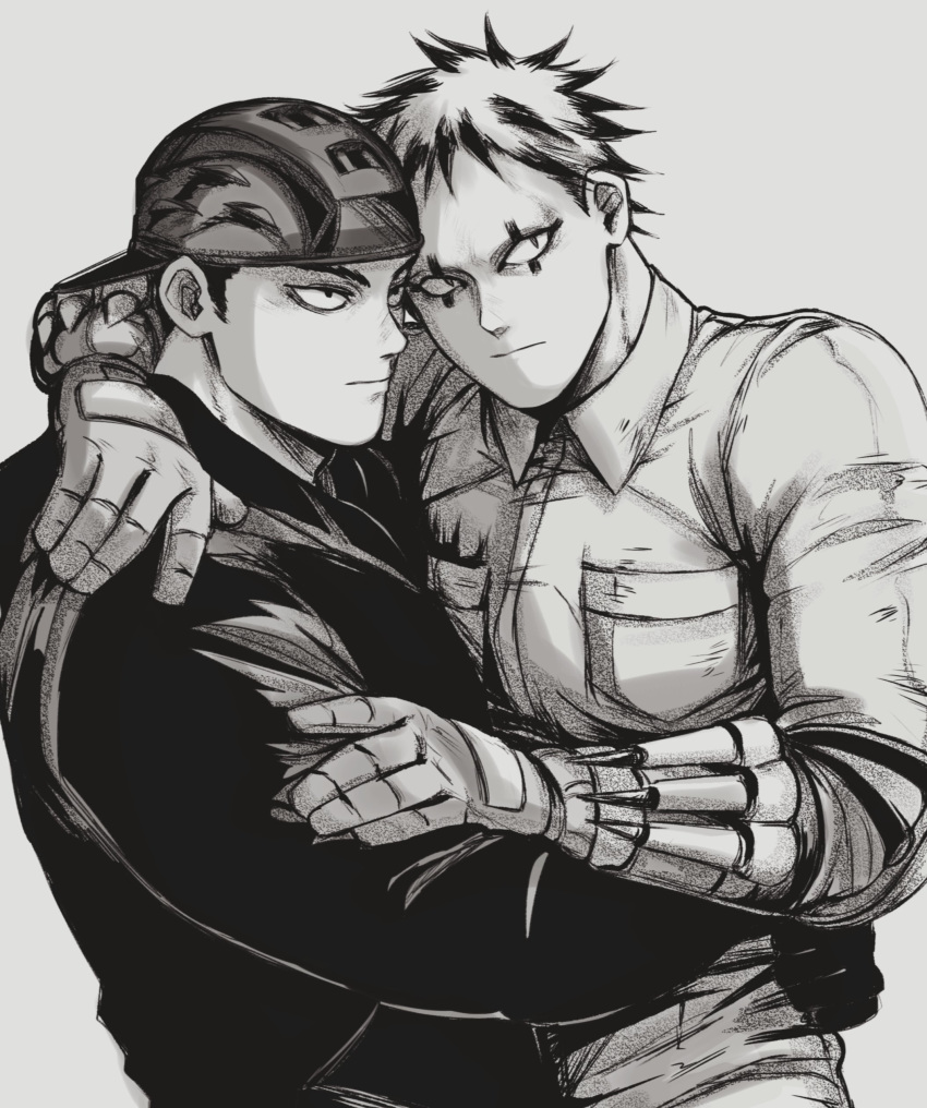 2boys, absurdres, aikawa_(dorohedoro), arm_hug, backwards_hat, black_hair, black_shirt, closed_eyes, collared_shirt, dorohedoro, facial_mark, florbetriz, focused, gloves, greyscale, hand_on_another's_shoulder, hand_on_another's_waist, hat, highres, hug, looking_to_the_side, male_focus, monochrome, multicolored_hair, multiple_boys, mutual_hug, pectoral_docking, risu_(dorohedoro), shirt, sideburns, simple_background, upper_body, waist_hug, yaoi