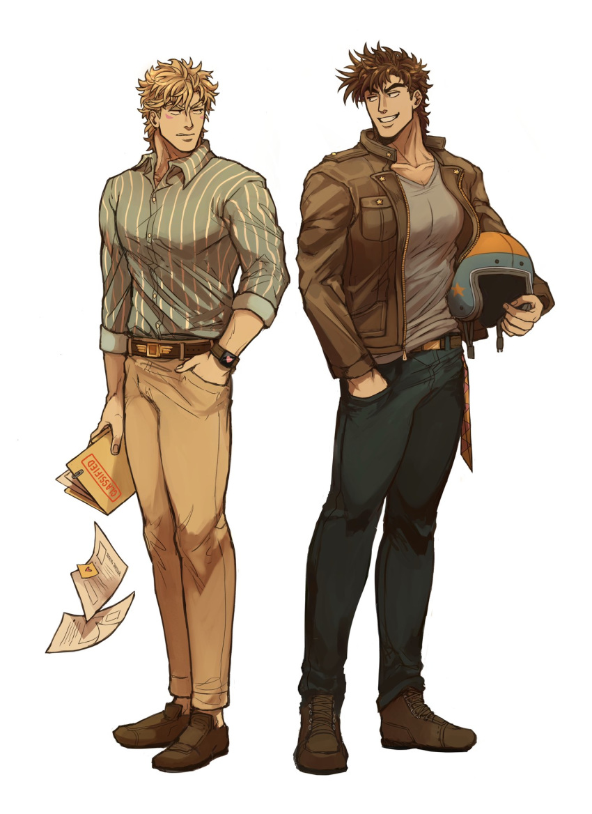 2boys, alternate_costume, alternate_hairstyle, bangs, bara, belt, blonde_hair, bracelet