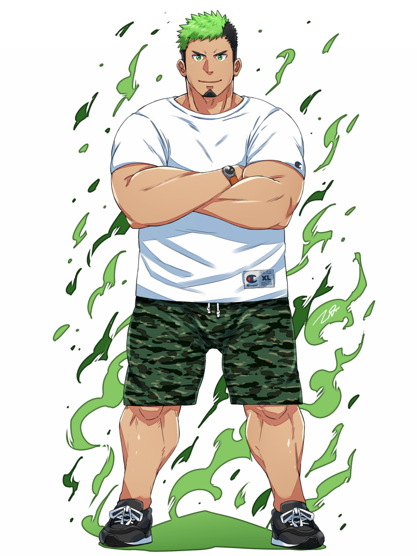 1boy, alternate_costume, bara, beard, black_hair, casual, closed_mouth, crossed_arms