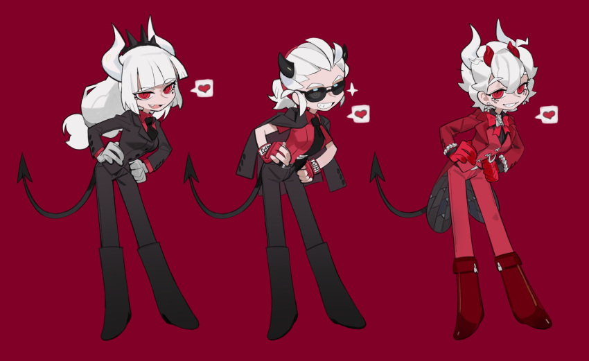 3girls, beelzebub_(helltaker), belt, belt_buckle, black_footwear, black_horns, black_pants, black_tail