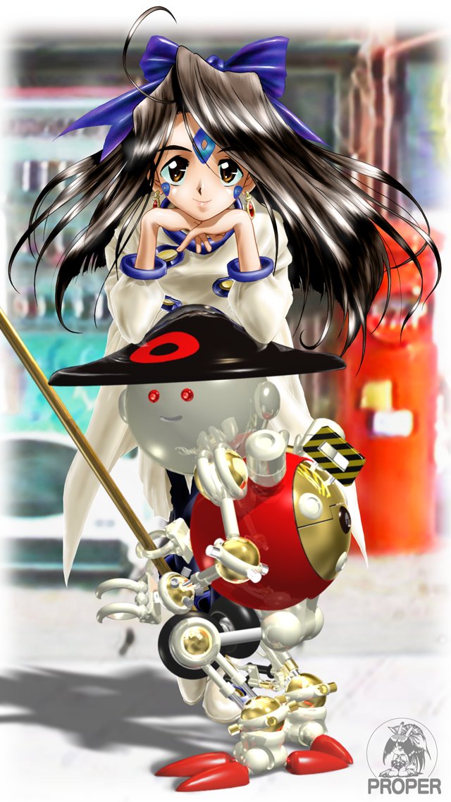 banpei-kun_rx, black_hair, brown_eyes, earrings, facial_mark, forehead_mark, jewelry, long_hair