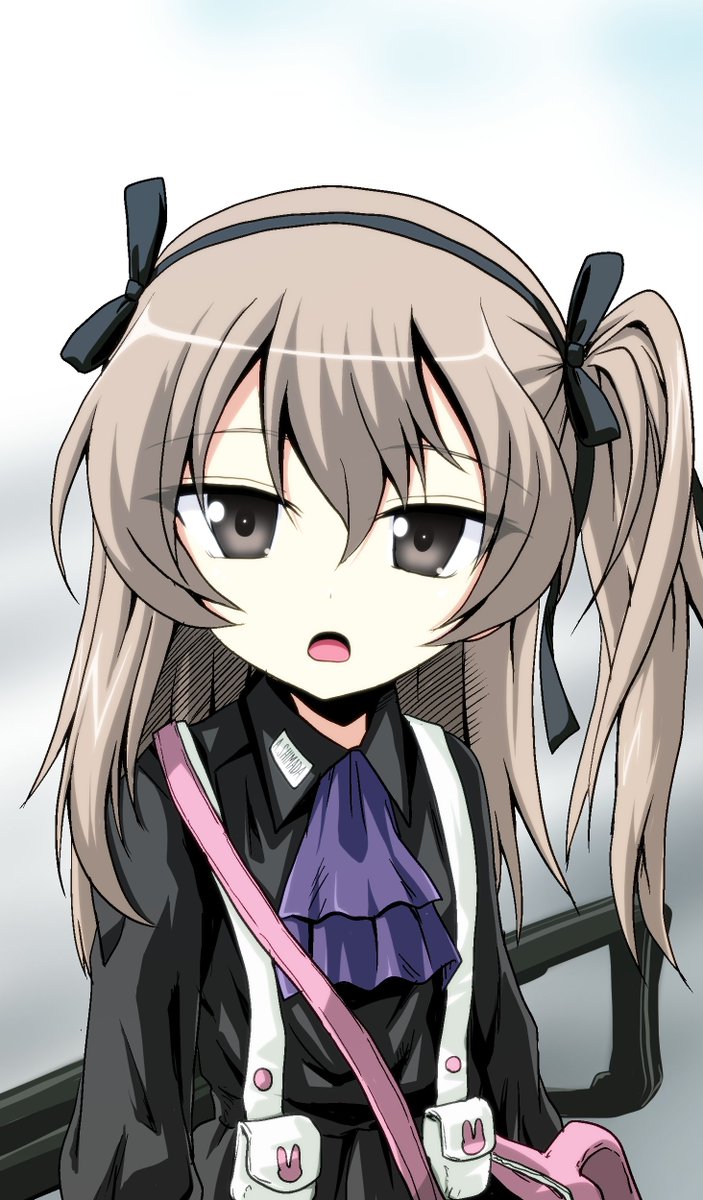 1girl, animal_print, ascot, bangs, black_dress, black_ribbon, blue_neckwear, brown_eyes