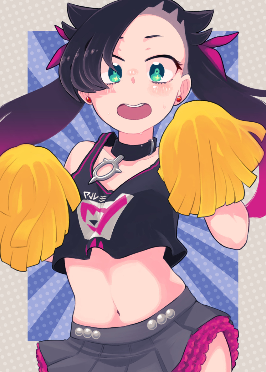 black_hair, cheerleader, choker, earrings, green_eyes, hair_ribbon, highres, ino_(tellu0120)