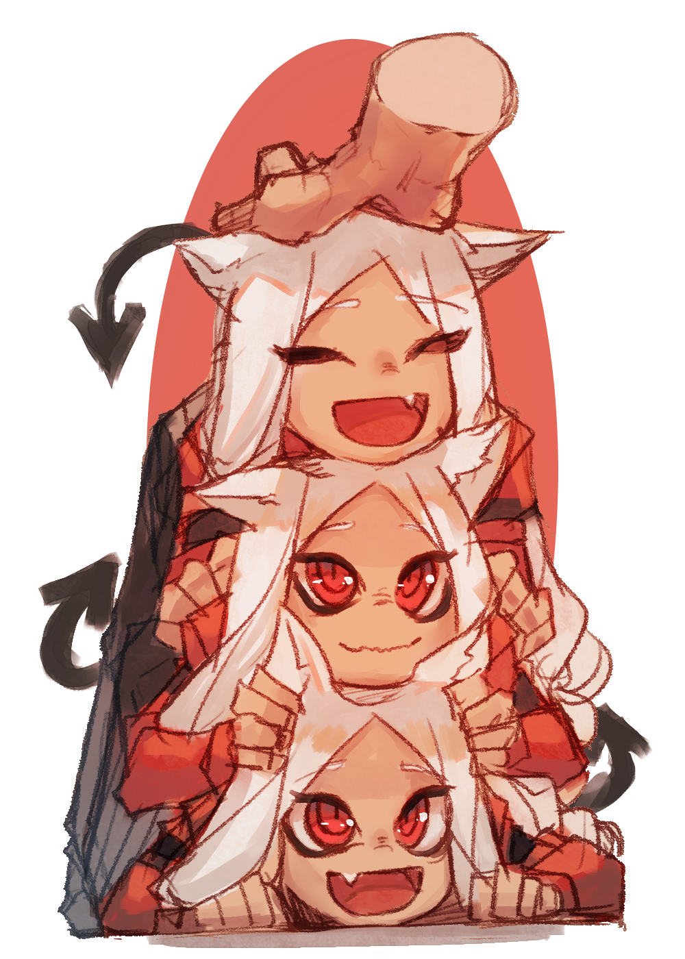 1boy, 3girls, :d, animal_ears, cerberus_(helltaker), closed_mouth, demon_girl, demon_tail